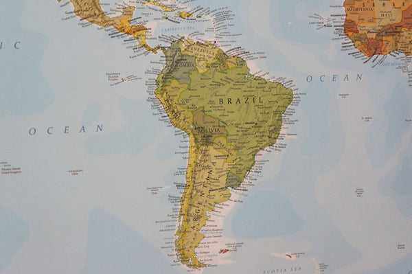 Close up of South America on political World Map by Where Exactly Maps. Shows all the South American countries in tasteful shades of green with meticulously placed text.