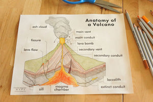 Volcano worksheet with detailed diagram and tectonic map