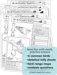 Practice statistics and science with Bird Feeder Statistics worksheet by Where Exactly Maps. Set of Worksheets include 6 common birds, detailed tally sheets, bird range maps and analysis questions