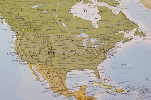 Closeup of North America on a political Map of the World by Where Exactly Maps. Full size, the map measures 27 by 39 inches and is beautifully easy to read.