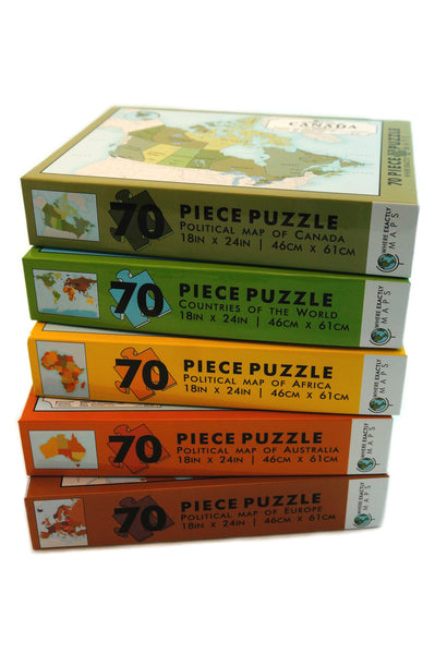 Collection of five 70 piece jigsaw puzzles featuring different maps of countries by Where Exactly Maps